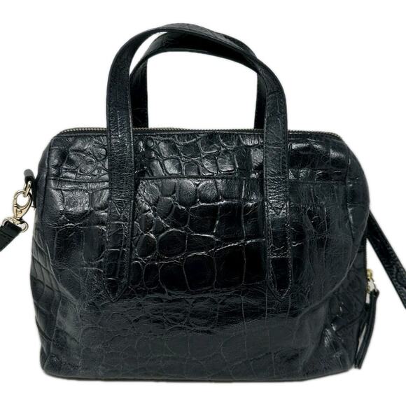 Fossil Sydney Black Croc Embossed Leather Satchel Handbag Crossbody Purse - Picture 1 of 9